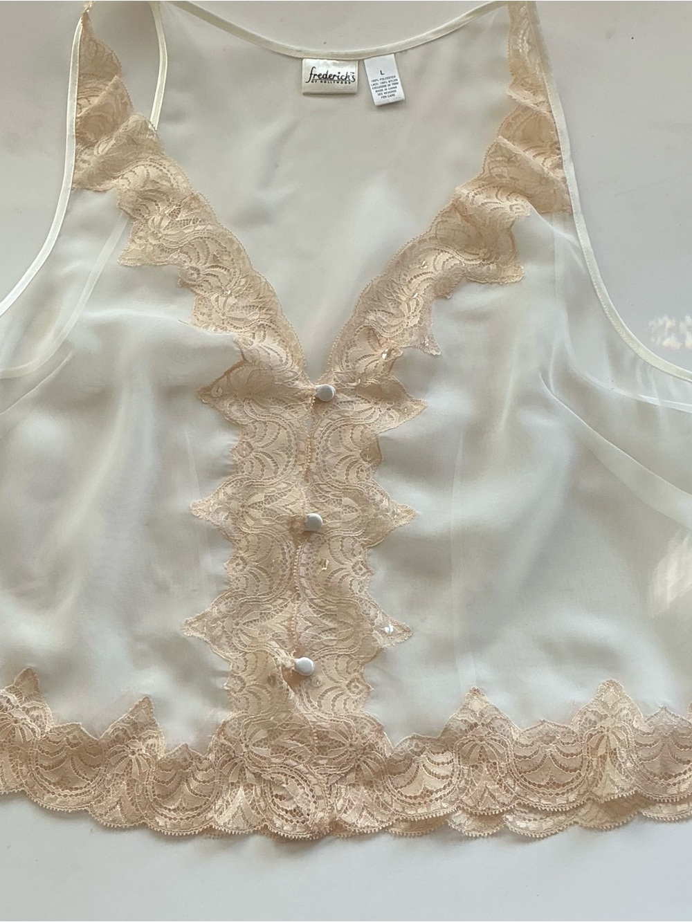 Frederick's of Hollywood Sheer Chemise with Lace Trim in Nude/White - Picture 5 of 8